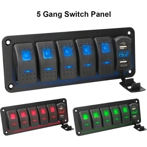 LEEPEE 4.2A Outlet Combination Digital Voltage Display Dual USB Port 5 Gang Rocker Switch Panel for Marine Car Truck Waterproof