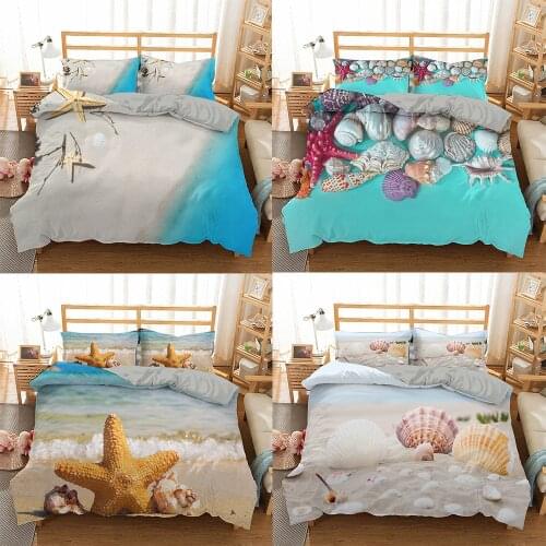 3D Beach Shell Starfish Duvet Cover Bedding Set Summer Bedspread Quilt Comforter Cover Euro King Queen Size Teens Home Bed Decor