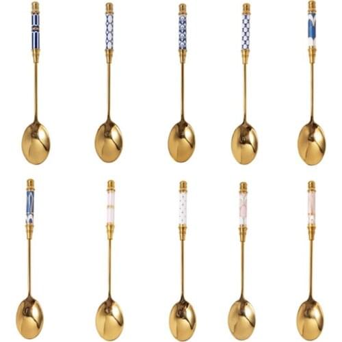 Kitchen Dessert Spoon Stainless Steel Coffee Milk Spoon With Ceramic Long Handle Spoon Gold-plated Dessert Spoon