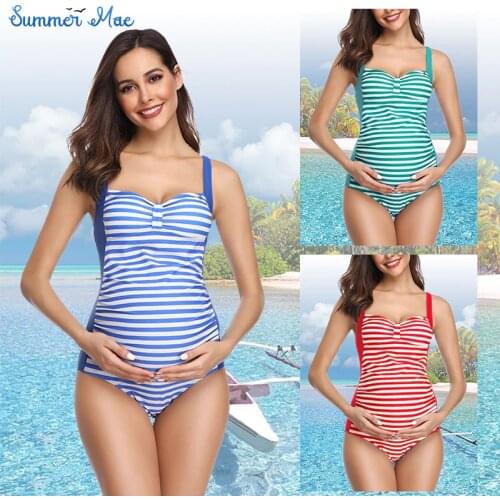 Summer Mae Women Maternity One Piece Swimsuit Striped Vintage Tummy Control