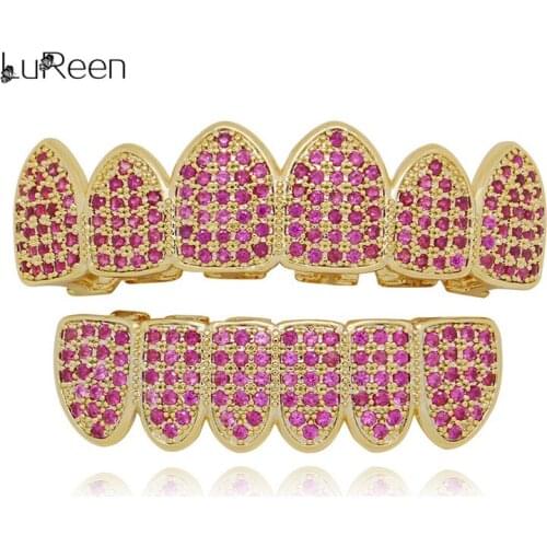 LuReen Hip Hop Gold Teeth Grillz For Unisex Micro Pave Pink Iced Out Top Bottom Grills Set Vampire Teeth Caps Mouth Jewelry Gift