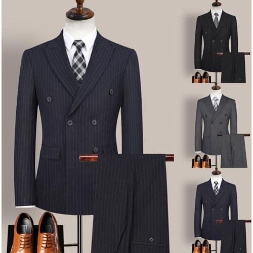 2021 New Fashion Men Double Breasted Stripe Lapel Formal Blazer Pants Suit Set Two Pieces for Wedding Men Suit Set