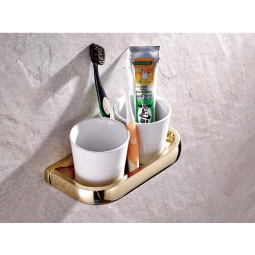 Wall Mounted Luxury Gold Color Brass Bathroom Toothbrush Holder Set Bathroom Accessory Dual Ceramic Cup mba846