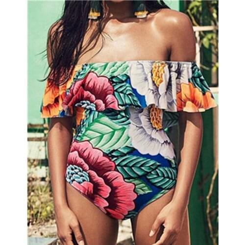 New style ruffle-shoulder one piece colorful flower print swimwear