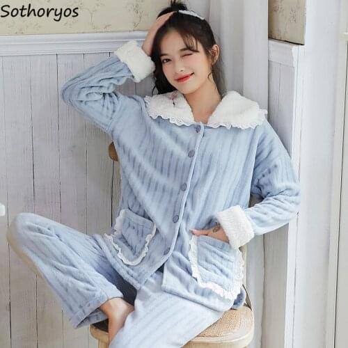 Plus Velvet Pajama Sets Women Single Breasted Tops Ankle Length Pants Patchwork Cozy Fashion Nightwear Flannel Female Lounge Hot