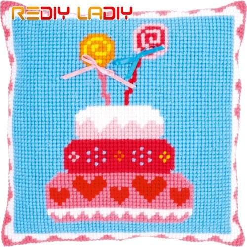 Cross Stitch Cushion Birthday Cake With Bows Pillow Case Pre-Printed Canvas Acrylic Thick Yarn Cross-stitch Needlepoint Kits