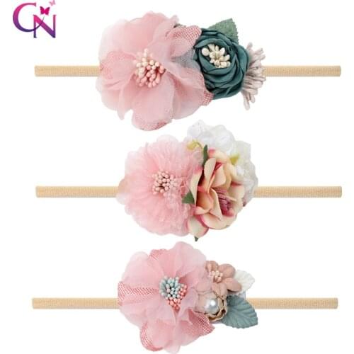 CN Korean Girl Baby Headbands Newborn Baby Elastic Princess Floral Hairbands Kids Pearl Flower Fresh Style Cute Hair Accessories