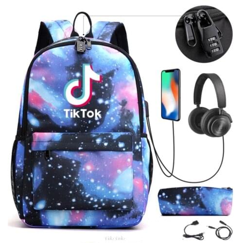 Tik Tok Backpack USB Charge School Backpacks Boys Girls Tik Tok Teenagers Laptop Bags 2pcs Travel Rucksack With Chain