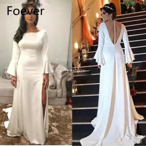 Sxey Side Split Long Sleeves Evening Dresses White Satin Formal Party Dresses Sheer Back Covered Buttons Prom Gowns