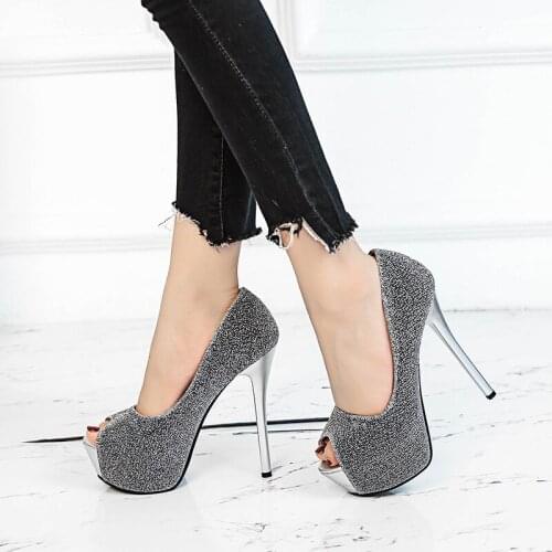 Women Pumps 14.5CM Thin High Heels Silver Sexy Sequined Cloth Slip On Peep Toe fashion Dress Party Bling waterproof shoes woman