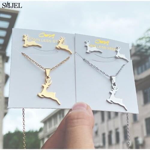 Vintage Little Deer Head Elk Necklaces Earrings Cute Animal Reindeer Snowflake Earrings Jewelry Set For Women Christmas Gift Kid