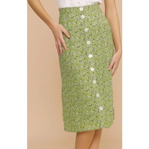 2021 Retro France Style Back Sashes Women Floral Midi Skirt Summer CHIC Center Buttons High Waist A line Skirts Holiday A395