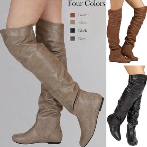 Sexy Over The Knee Boots Womens Leather Long Boot Female Round Toe Shoes Fashion Flat Shoes Autumn Spring Knee High Booties