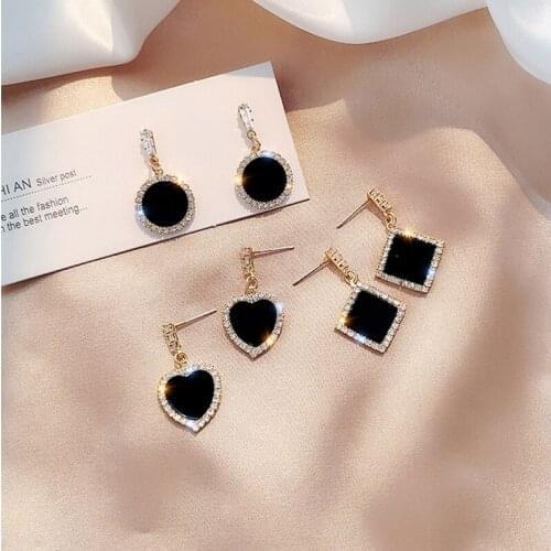 Trend Rhinestone Geometric Drop Earrings for Women Korean Fashion Black Color Dangle Earring 2021 Female Elegant Jewelry