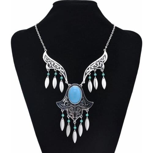 Bohemian Fashion Blue Gems Tassel Necklace Earrings Female Gypsy Party Necklace Earrings Set Jewelry Gift