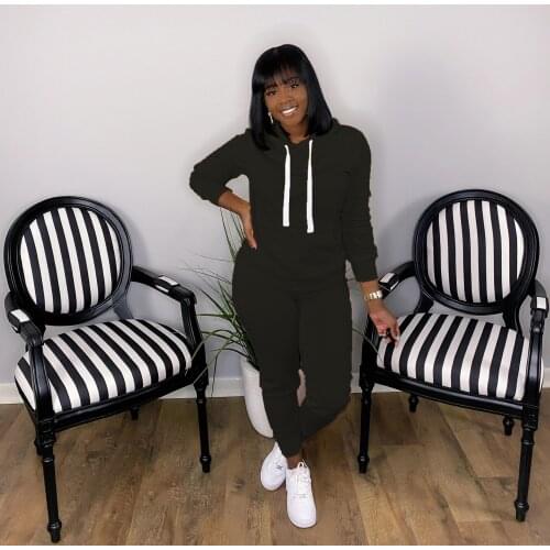 32R6346 Autumn Winter Women Casual Fashion Solid Sports with Hood Two Piece Set Top and Pants Tracksuit Sweatsuit Outfits