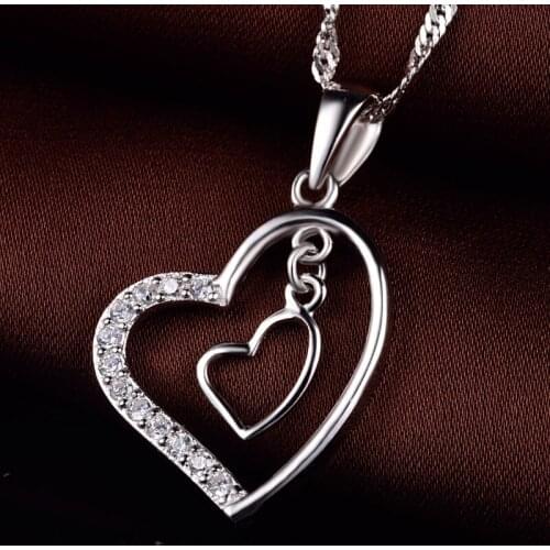 LIAMTING Womens 925 Sterling Silver Double Heart Pendant Necklace With White Cubic Zircon Lovely Heart Charms Necklaces VA003