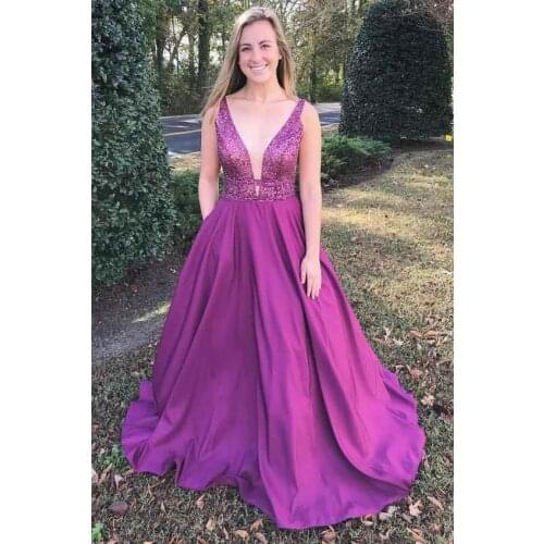 2020 new A-Line V-Neck Fuchsia Prom Dresses with Beading Pockets ruched sequined bodice deep v neck stain Sweep Train evening