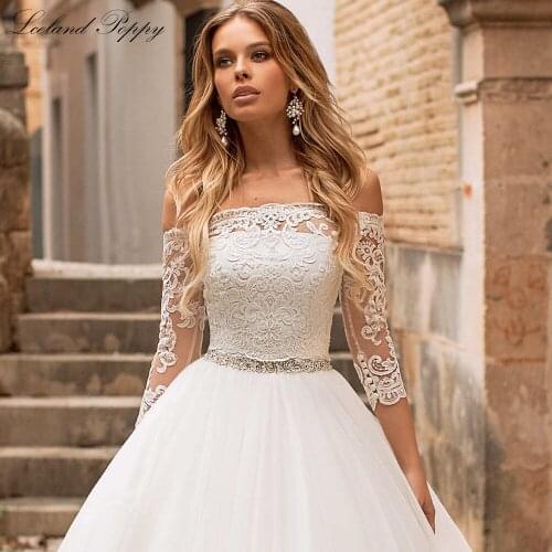Lceland Poppy Womens A Line Tulle Wedding Dresses Boat Neck Half Sleeves Floor Length Bridal Gowns Vestido de Noiva with Belt