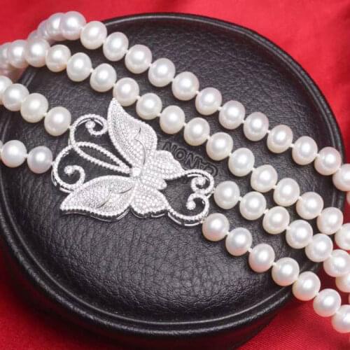 Butterfly Double row AA7-8mm white natural freshwater necklace inlay zircon