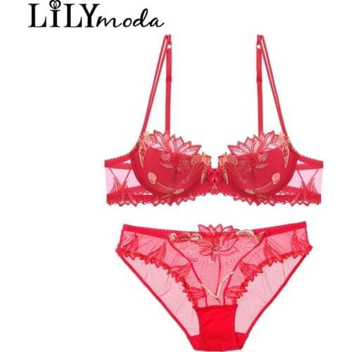 LILIMODA Women Sexy Comfortable Paded Thin Cotton Bra Brassiere Sets Floral Lace Embroidery Underwire Lingerie Underwear HOT RED