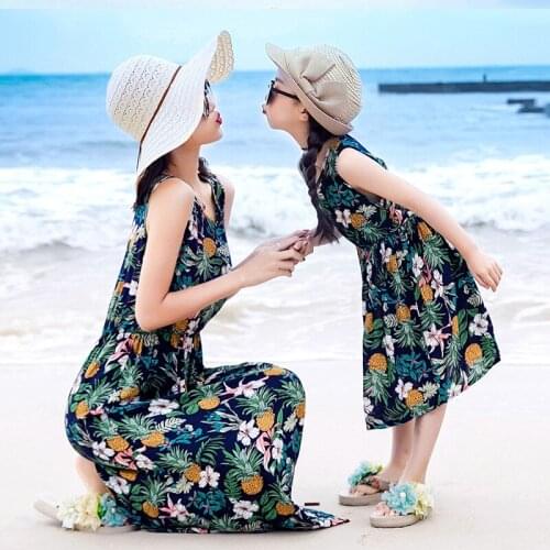 Summer Cotton Polyester Sleeveless Flower Printed Dress, Holiday Beach Mother and Daughter Matching Clothing NO20-25