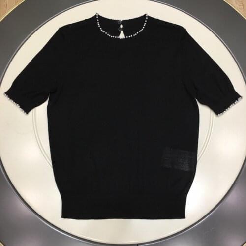 Fashion 2021 New Ladies Short Sleeve Casual Pure Color Handmade Pearl Knit Sweater 1103