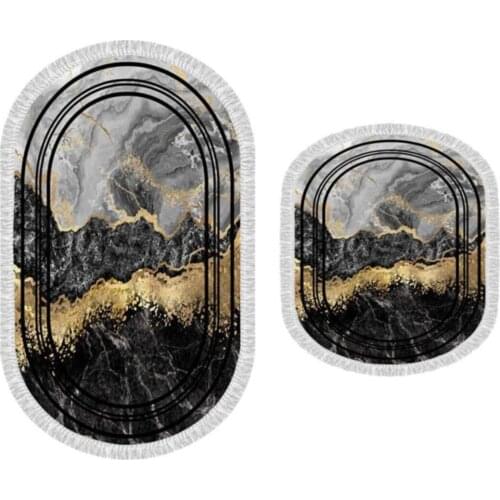 Oval Fringed 2 Pieces Bathroom Mat Set Black-Gold Color Non Slip - Velvet Digital Print - 60*100 cm / 60*50 cm - LAVA LIFE