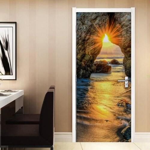 3D Door Mural Sticker Wall Painting Sunset Landscape Photo Wallpaper Waterproof Self-adhesive Living Room Bedroom Door Stickers
