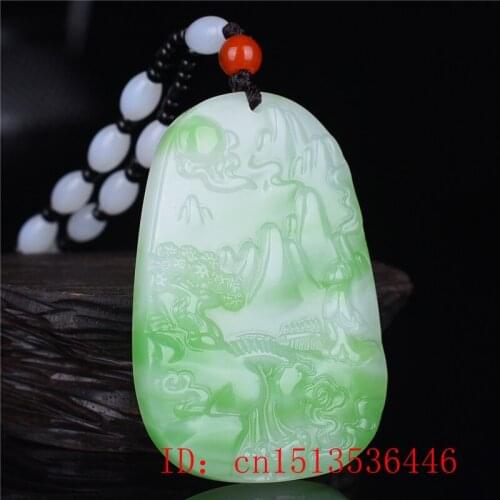 Natural White Green Jade Landscape Pendant Beads Necklace Jewellery Fashion Accessories Hand-Carved Man Amulet Sweater Chain