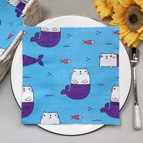 20Pcs/Pack Cute Cat Mermaid Decoupage Paper Napkins Fish Cat Paper Tissues for Girls Birthday Party Table Decor 2021 New C