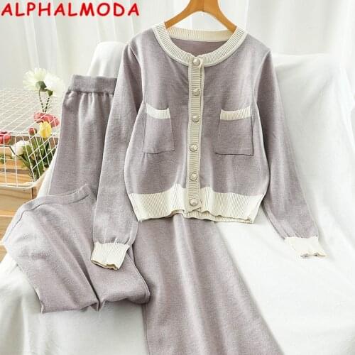 ALPHALMODA Single Breasted Jacket Straight Wide-let Pants Women 2pcs Casual Suit Long-sleeved Sweater Top Comfy Trousers Set