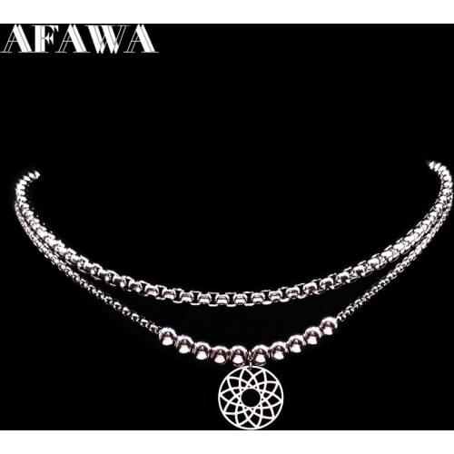 2021 Double Flower Stainless Steel Necklace Women Accessories Silver Color Chain Necklace Jewelry accesorios mujer N17920