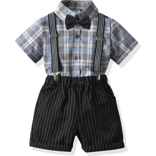 Toddler Boy Clothes Summer Kids Gentleman Costume Bow Tie Bib Pants Fashion Shorts Plaid Short-Sleeved Shirt Birthday Party