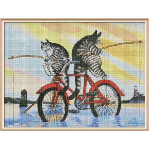 The fishing cats cross stitch kit Square Round Drill stitching embroidery DIY handmade needlework