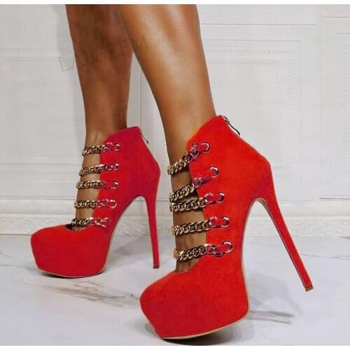 SEIIHEM Women Platform Pumps Faux Suede Metal Chains Thin High Heels Sandals Back Zip Ladies Shoes Woman Large Size 41 43 47 52