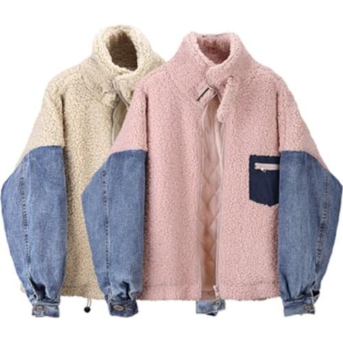 Short Fur Coat Female 2019 Winter New Stitching Denim Cotton Padded Thick Lamb Hair Loose Student Cotton Bread Tide H00359