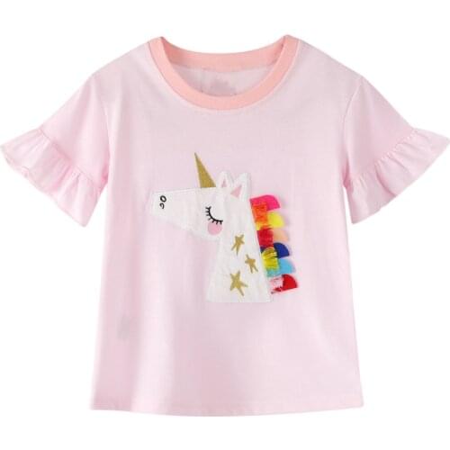 Oyolan Summer Girls Stylish T-shirt Cotton O Neckline Ruffle Short Sleeves Lovely Cartoon Pattern Top Childrens T-shirt Tee