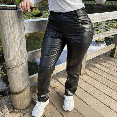 Textured Faux Leather Stitching Bag Hips Waist Straight Casual Trousers