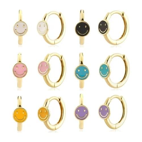 Pastel Enamel Smiley Faced Mini Small Hoop Earring Gold Color Multi Piercing Jewelry
