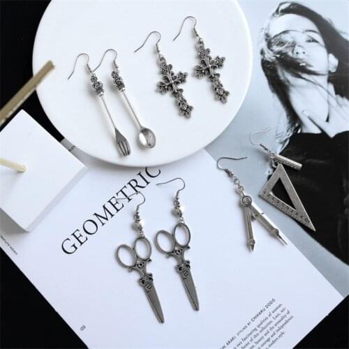 Unique Design Knife Spoon Fork Hook Earrings Hip Hop Rock Vintage Metal Dangle Earings for Women Girl Retro Cross Pendientes