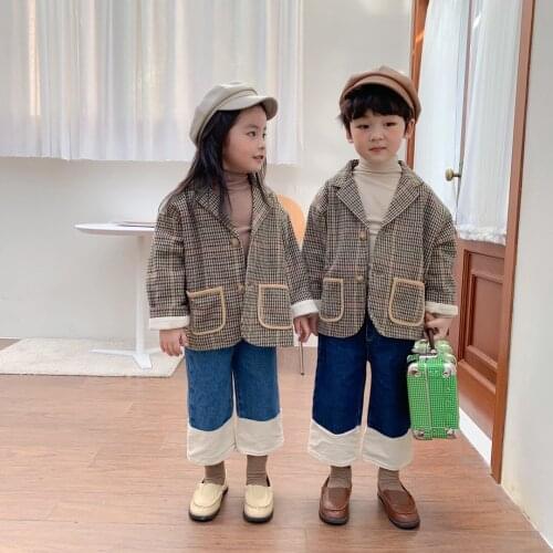 Spring Kids Jackes for Girls Turn Down Collar Plaid Children Outwear Boys and Girls Fashion Plaid Coat Kids Vintage Jackets 2-7T