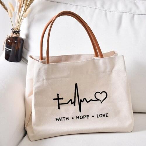 Faith Hope Love Printed Women Lady Beach Bag Canvas Tote Bag Handbag Work Bag Shopping Bag Church Bag Dropshipping