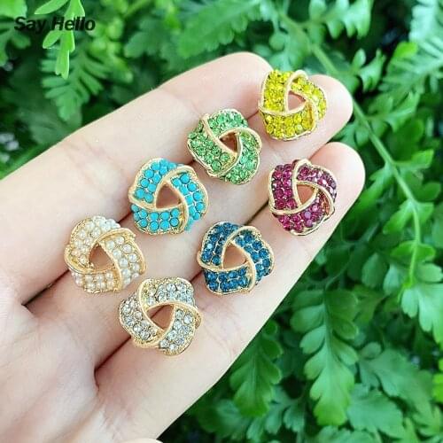 SAY HELLO Crystals Turquoises Beaded Inlaid Small Stud Earrings for Women Flower Shaped Ear Studs Piercing Jewelry серьги K5054