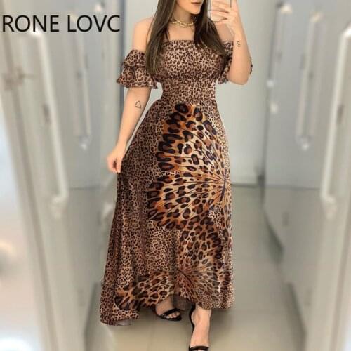 Women Off Shoulder Cheetah Butterfly Print Maxi Dress Casual Dress Elegant Fashion Chic Dress