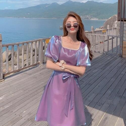 Purple Dress Women Fashion Pearl Square Collar Summer Dress Casual High Quality Skirt Clothing Puff Sleeve Dress Female L4