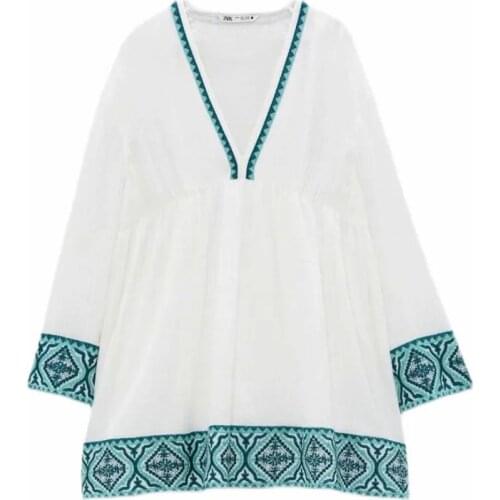 ZA 2021 Spring women holiday ethnic style embroidery Dress v neck Ladies sexy Mini Dresses Bohemia loose A-Line Vestidos Mujer