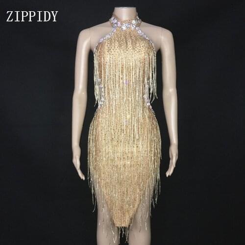 Gold Fringes Sexy Rhinestones Dress Women Celebrate Stones Stretch Dress Stage Wear Birthday See Throught Transparent Dress