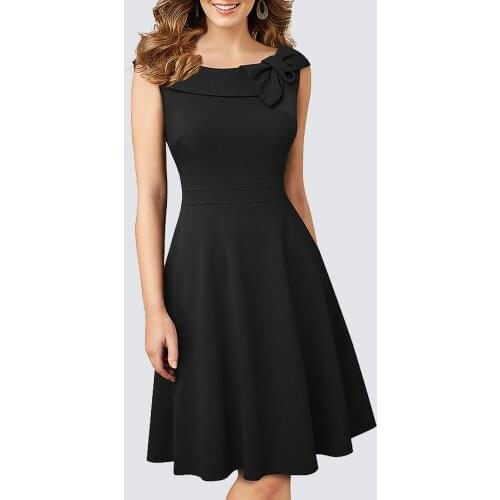 Women Retro Elegant Sleeveless Designed Neckline Bow Button Swing A-Line Knee Length Dress HA258
