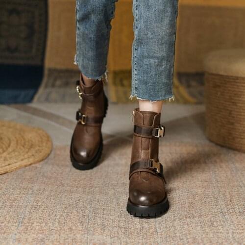 2021 Fashion Women Shoes Round Toe Thick Heel Women Boots Women Leather Knight Boots Casual Belt Buckle Motorcycle Boots Women